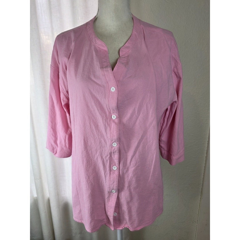 Lomon Cotton Linen Blend Type Size XL Pink 3/4 Sleeve‎ Button Up